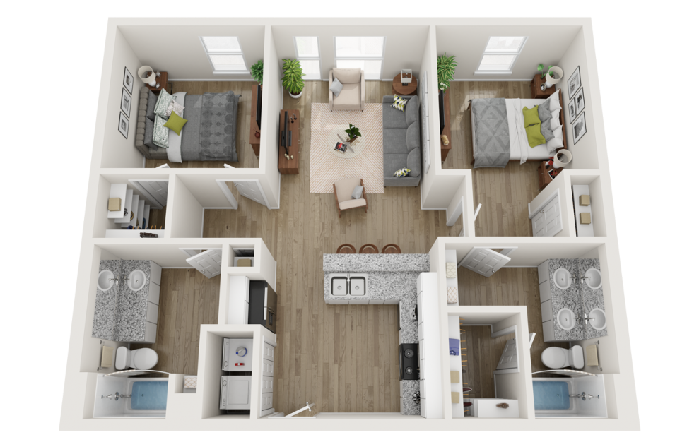B1 Affordable - 2 bedroom floorplan layout with 2 baths and 1013 square feet.