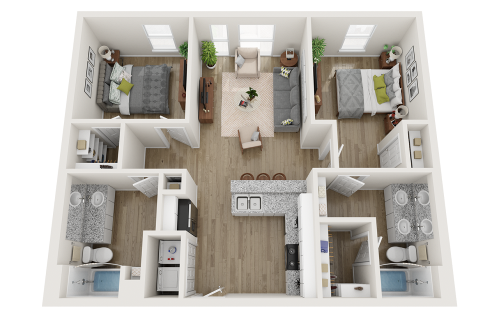 B1 Affordable - 2 bedroom floorplan layout with 2 bathrooms and 1013 square feet