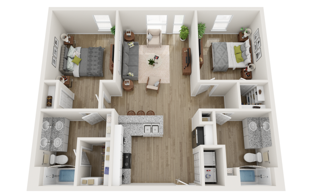 B2 Affordable - 2 bedroom floorplan layout with 2 bathrooms and 1066 - 1111 square feet