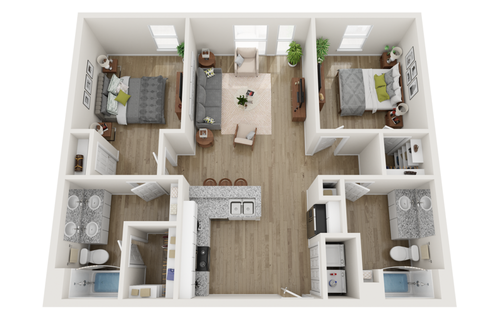 B2 Affordable - 2 bedroom floorplan layout with 2 baths and 1066 to 1111 square feet.