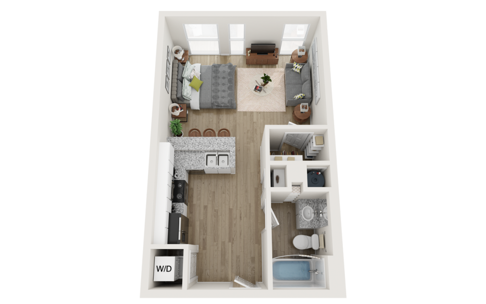 E1 Affordable - Studio floorplan layout with 1 bathroom and 500 - 526 square feet