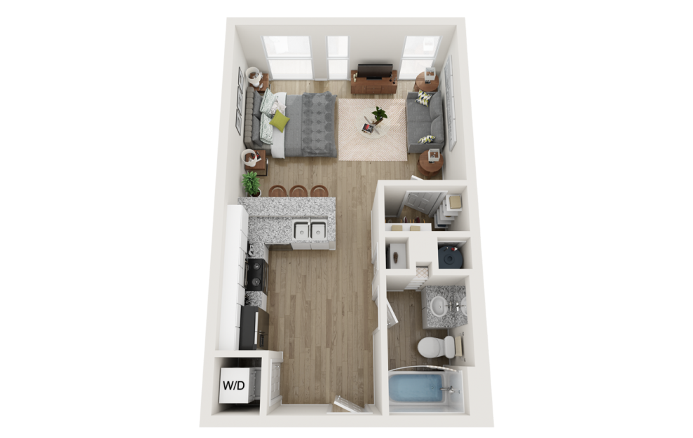 E1 Affordable - Studio floorplan layout with 1 bath and 500 to 526 square feet.