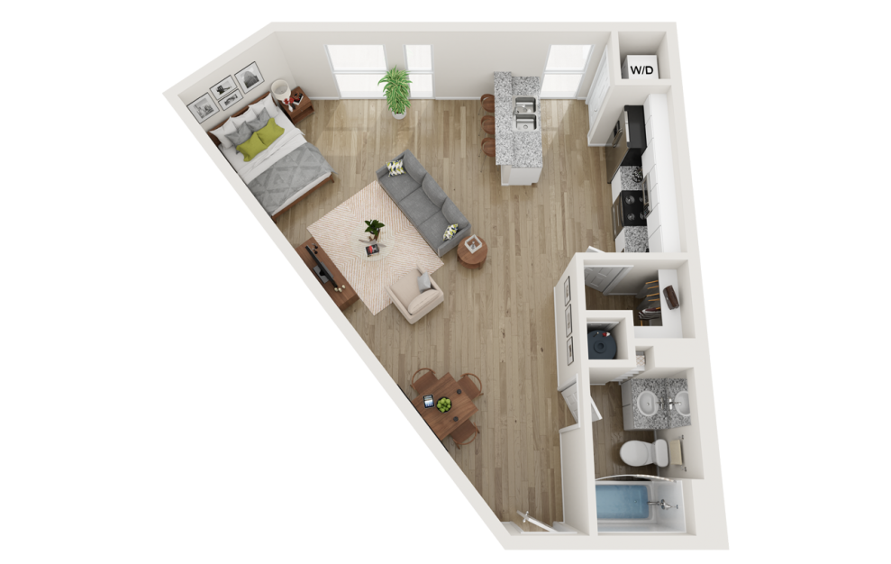 E4 Affordable - Studio floorplan layout with 1 bath and 655 square feet.