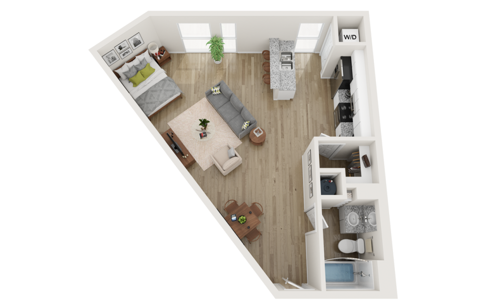 E4 Affordable - Studio floorplan layout with 1 bathroom and 655 square feet