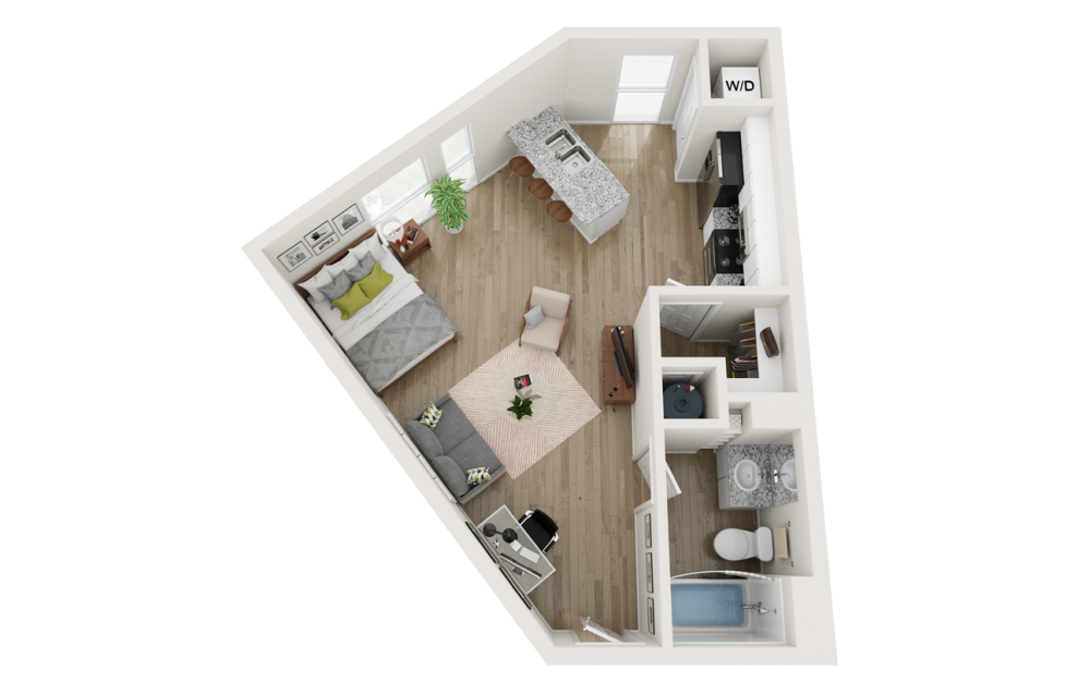 E5 Affordable - Studio floorplan layout with 1 bath and 521 square feet.