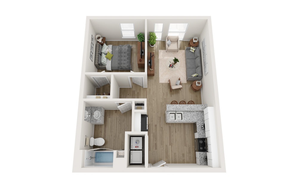 A1 - 1 bedroom floorplan layout with 1 bath and 680 to 716 square feet.