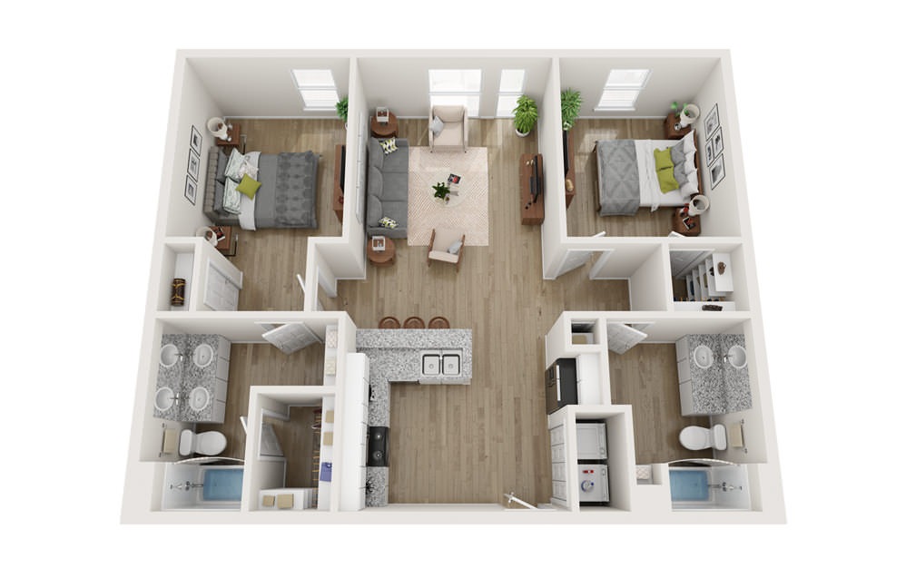 B2 - 2 bedroom floorplan layout with 2 baths and 1111 square feet.