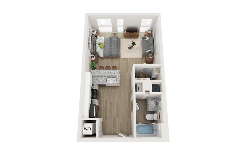 E1 - Studio floorplan layout with 1 bath and 500 to 526 square feet.