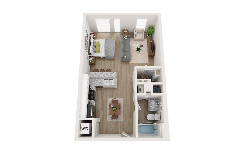 E2 - Studio floorplan layout with 1 bath and 571 square feet.