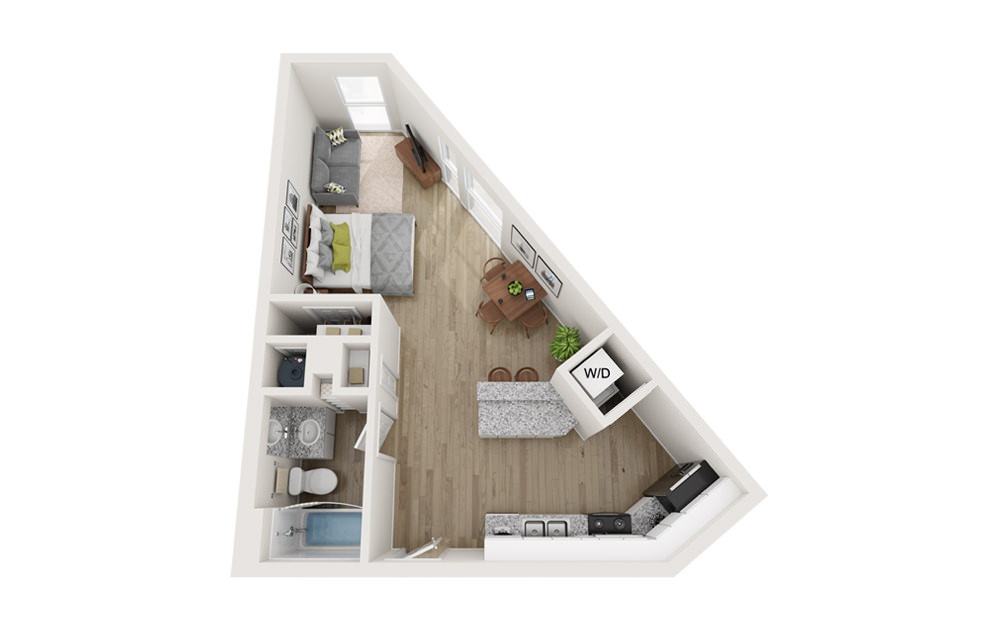 E3 - Studio floorplan layout with 1 bath and 506 to 524 square feet.