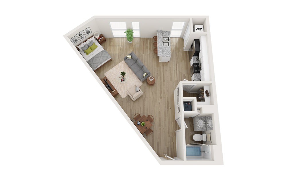 E4 - Studio floorplan layout with 1 bath and 655 square feet.