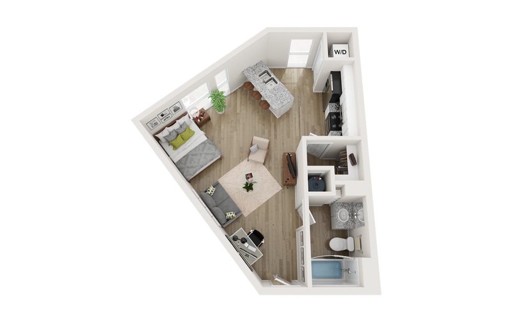 E5 - Studio floorplan layout with 1 bath and 521 square feet.